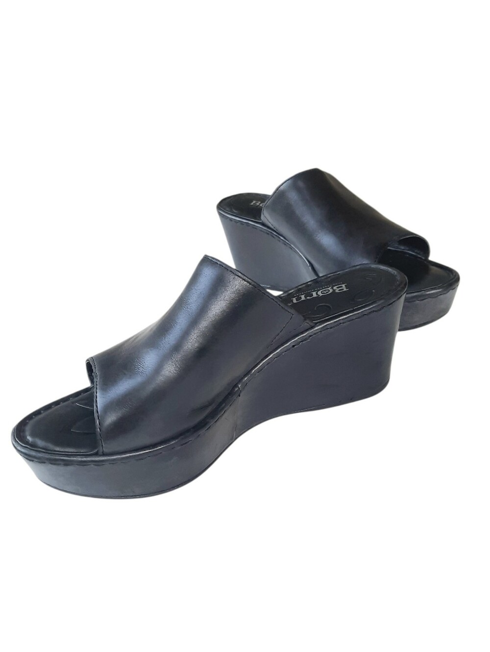 BØRN Shilo Dark Charcoal Leather Platform Wedge Slide Comfort Sandals Sz 7M